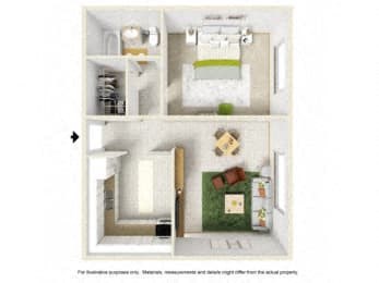 3d furnished floor plan of a bedroom with a closet